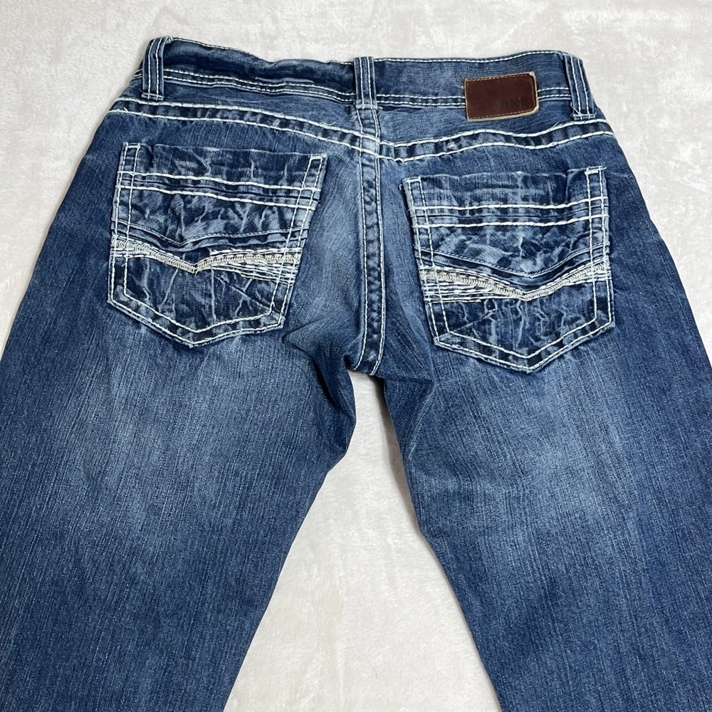 BKE Buckle Justin Mens 28x31 1/2 Distressed Straight Thick Stitch Jeans Jake EUC - Picture 13 of 16